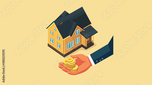 Isometric house model with large hand holding gold coins representing real estate investment mortgage loan and property financing concept in flat minimalist style