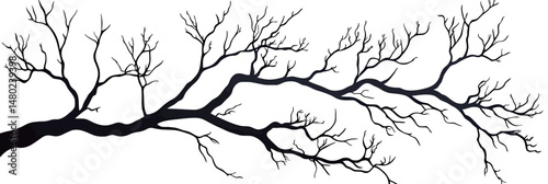 Black bare tree branch silhouette with intricate twisting twigs isolated on white background vector illustration minimalistic nature design autumn or winter season