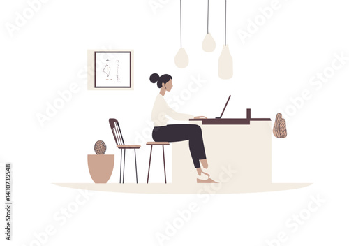 Minimalist vector illustration of woman working on laptop at modern clean office desk with plants and pendant lights in calm workspace environment