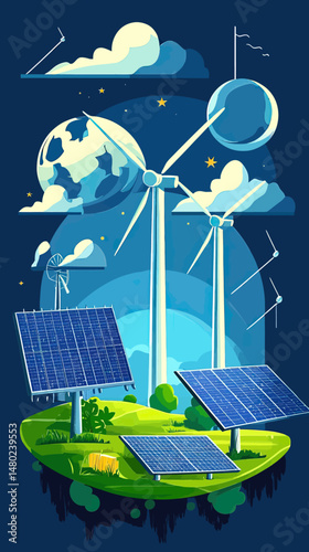 Sustainable energy concept with solar panels and wind turbines on floating island under moonlit sky with clouds and stars in flat vector style