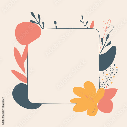 Minimalist abstract floral frame with hand drawn leaves and flowers in warm coral, mustard, and teal colors on cream background for invitations or notes
