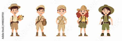Group of young children in safari explorer outfits with hats binoculars and backpacks cartoon vector illustration flat minimalist style outdoor adventure concept