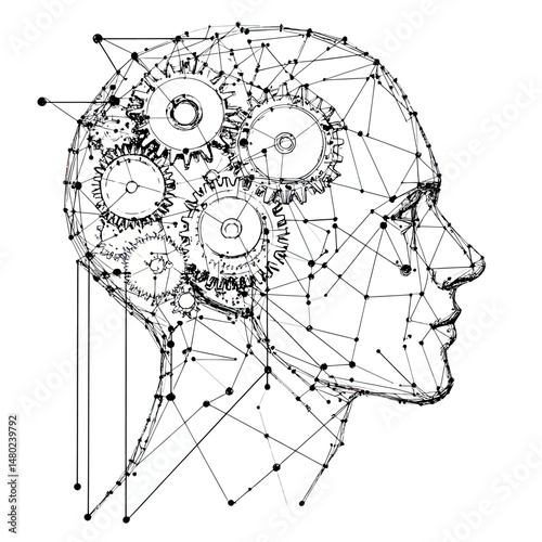 Abstract human head side view composed of connected dots and lines with mechanical gears inside representing technology, engineering, and thinking concept vector illustration