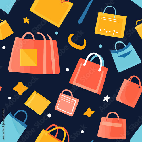 Colorful shopping bags seamless pattern with minimalist flat design for retail and consumer lifestyle backgrounds repeating vector illustration