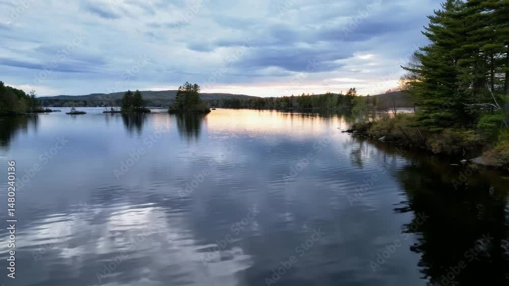 Scenic Lake Drone Shot at Dusk Calm Water Reflections Scenic Lake Drone Shot at Dusk Calm Water Reflections