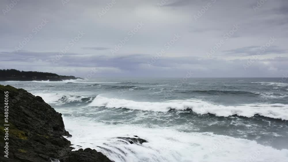 Coastal Power Waves Crashing Cliffs Overcast Weather