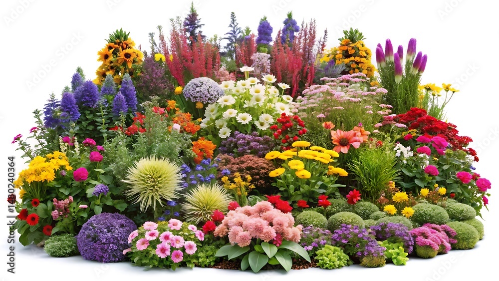 Fototapeta premium Large flowerbed with many different plants and flowers isolated on white background