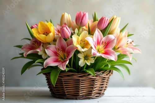 Wallpaper Mural Vibrant Easter lilies and tulips in a rustic basket, springtime blooms , Easter eggs, colorful Torontodigital.ca