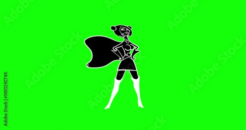 Cartoon blackboard businesswoman transforms to superheroine greenbox. White and  black isolated drawing linear version green screen background. Office employee becomes a sexy woman.