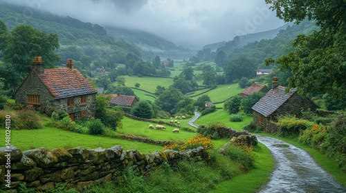 Misty valley with quaint cottages and sheep. Lush green pastures and winding road