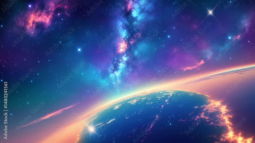 Obraz premium Space illustration features a planet's illuminated horizon against a backdrop of colorful nebulas in blue, purple, and pink. Countless stars dot the dark cosmic expanse, creating a breathtaking.