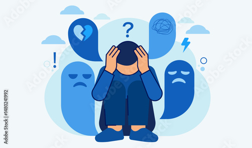 Depression and Anxiety Illustration . Sad Person with Emotions in Blue Tones. Mental Health Awareness Concept. Vector template