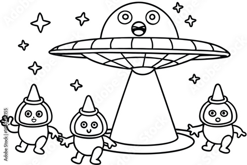 Three cute cartoon aliens hold hands under their surprised spaceship among stars on transparent background