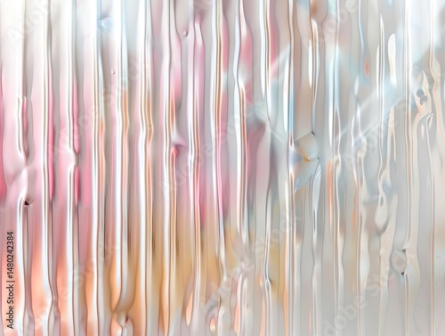 Reeded Glass. Colored Ribbed Background. Blue, Purple, Silver, Pink and Violet. Neon color effect on transparent texture for design. Corrugated backdrop with vivid stripes for modern art.