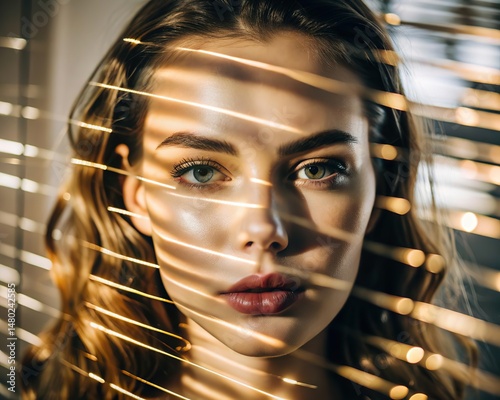 Abstract woman portrait with glass texture. Glitched and corrupted female face. Beautiful girl. Model hidden behind mirror pattern. Colored Reeded Glass. Ribbed Background.