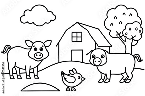 Two adorable pigs with a chick are standing cheerfully near a black and white barn