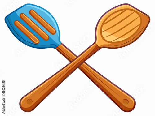A flat vector illustration of a wooden spoon and spatula crossed together. White background, simple kitchen utensil concept