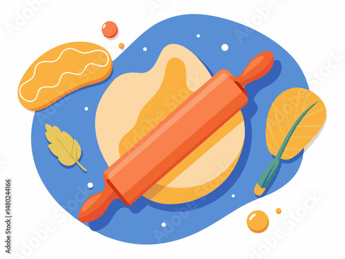 A rolling pin over flattened dough with flour around. White background, flat vector of baking process