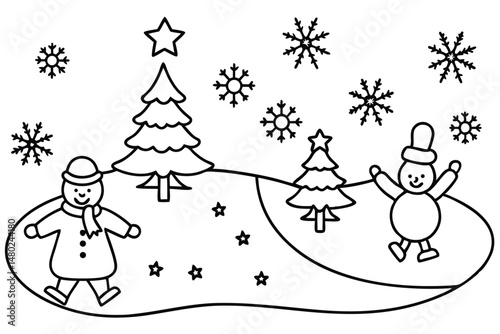 Two snowmen near decorated trees enjoy winter's falling snow and stars with transparent background