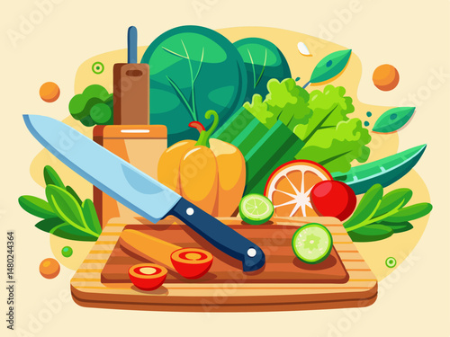 A modern chef knife and cutting board with chopped vegetables. White background, clean and vibrant kitchen scene