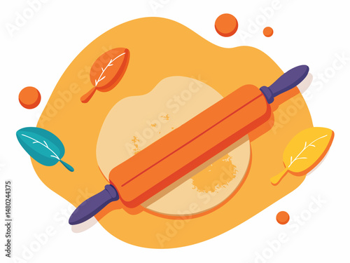 A rolling pin over flattened dough with flour around. White background, flat vector of baking process