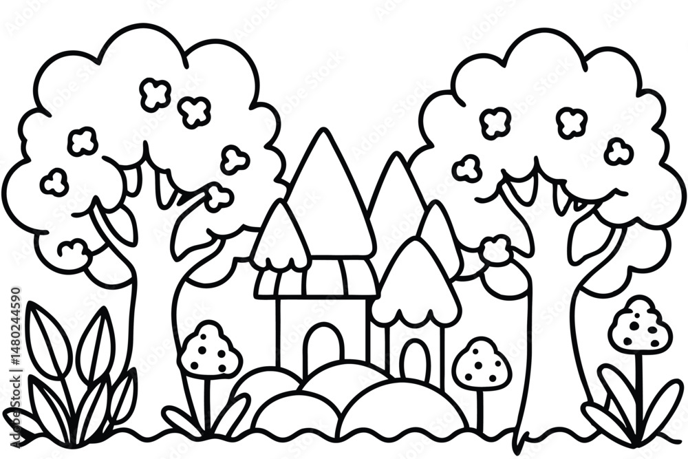 Fototapeta premium Whimsical line art showcases a charming home nestled amidst two trees and mushrooms