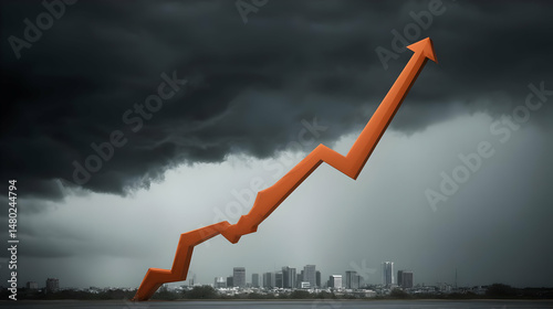 highlighted against a skyline under dramatic clouds representing economic momentum