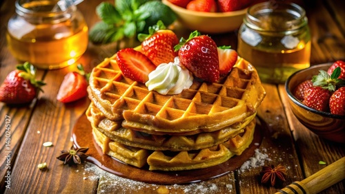 Golden Waffles Topped with Strawberries and Whipped Cream, Drizzled with Honey on Rustic Wooden Table