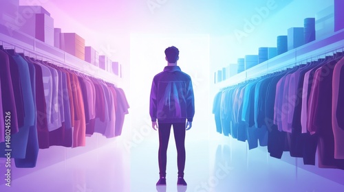 Person Standing Silently in Colorful Clothing Store Aisle