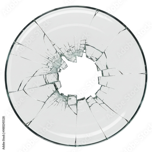 Shattered glass circle; a hole in the center with cracks extending outward from point of impact