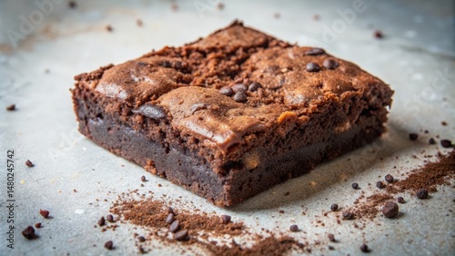 A single brownie with chocolate chips on top and a sprinkle of cocoa powder beneath it, on a light grey surface