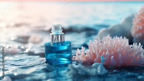 A bottle of perfume is on a beach with some coral and rocks. The bottle is blue and the water is blue as well. The scene is calm and serene