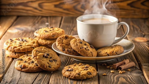 A steaming cup of coffee with a plate of chocolate chip cookies resting on a rustic wooden table