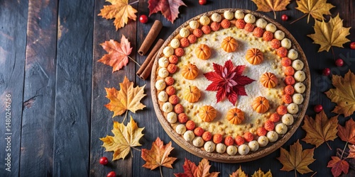 Autumnal Pie Decorated with Miniature Pumpkins and Berries on a Dark Wood Surface
