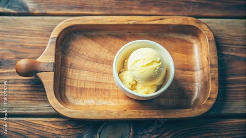 A bowl of vanilla ice cream sitting on a wooden tray, a simple dessert ready to be enjoyed.