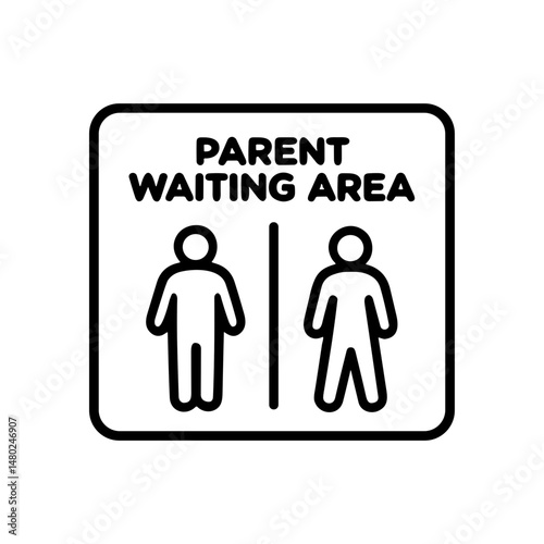Parent waiting area sign featuring male and female icons in black  