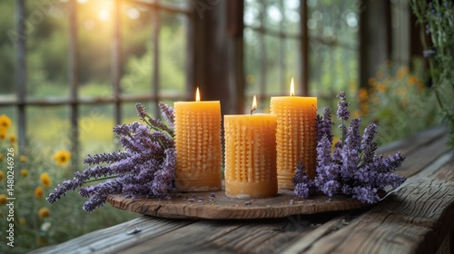 Natural beeswax candles on wood tray