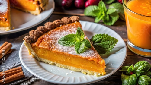 A slice of pumpkin pie topped with powdered sugar and a sprig of mint, with a glass of orange juice and cinnamon sticks in the background.