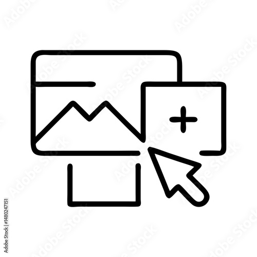 line icon of image selection with cursor and plus symbol, representing product customization and media upload, black and white minimal vector