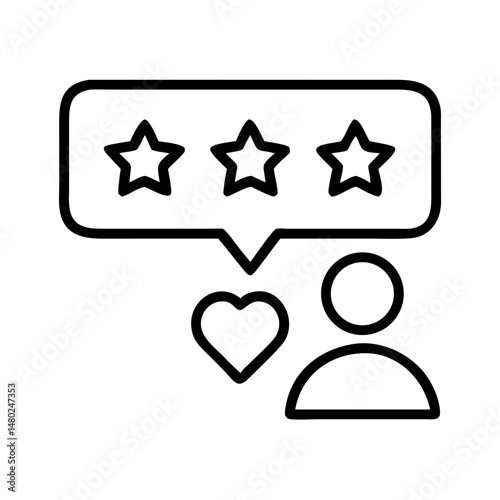 line icon of user with heart and three-star rating in speech bubble, representing positive feedback and customer satisfaction, black and white minimal vector