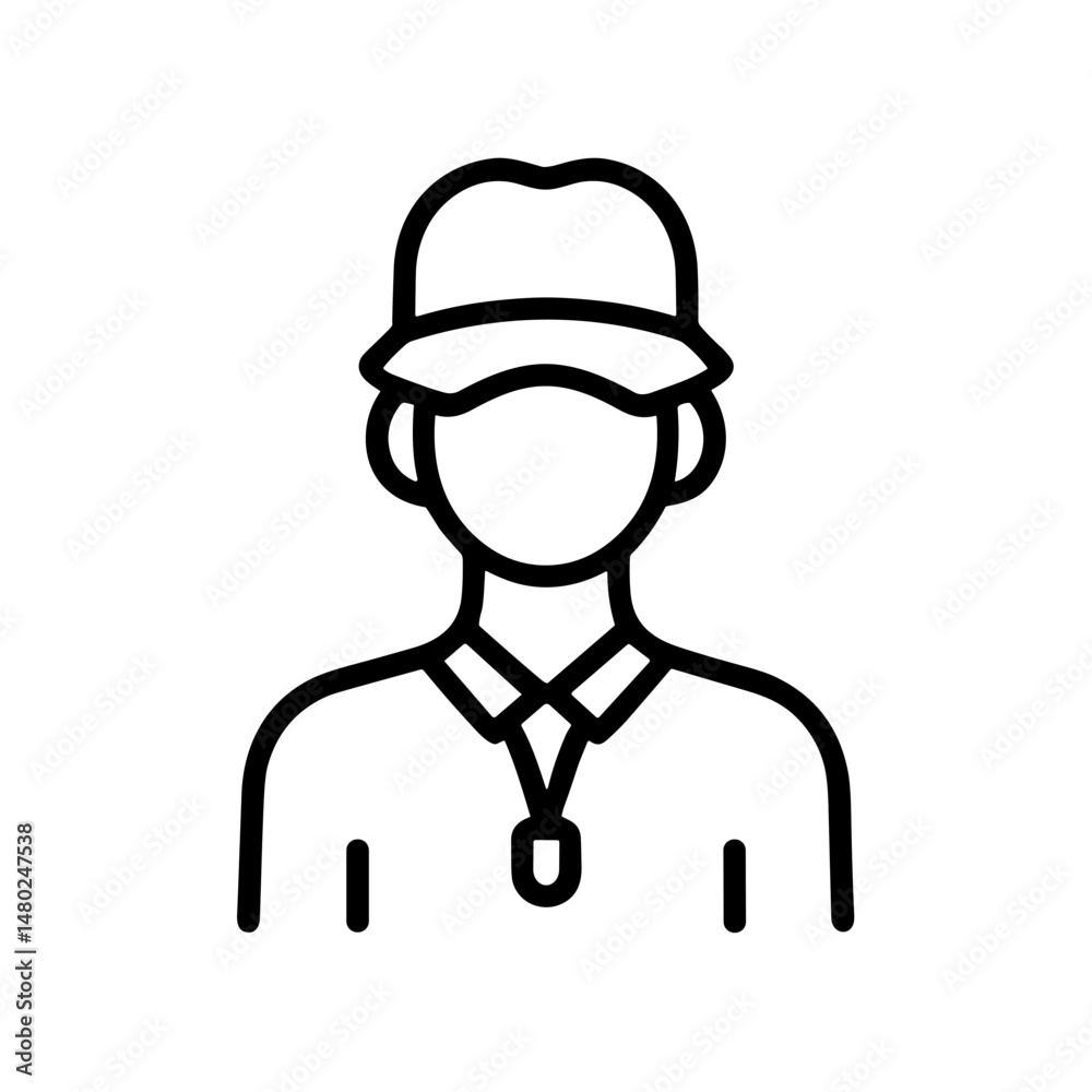 Camp leader wearing a hat and whistle in a line drawing style  
