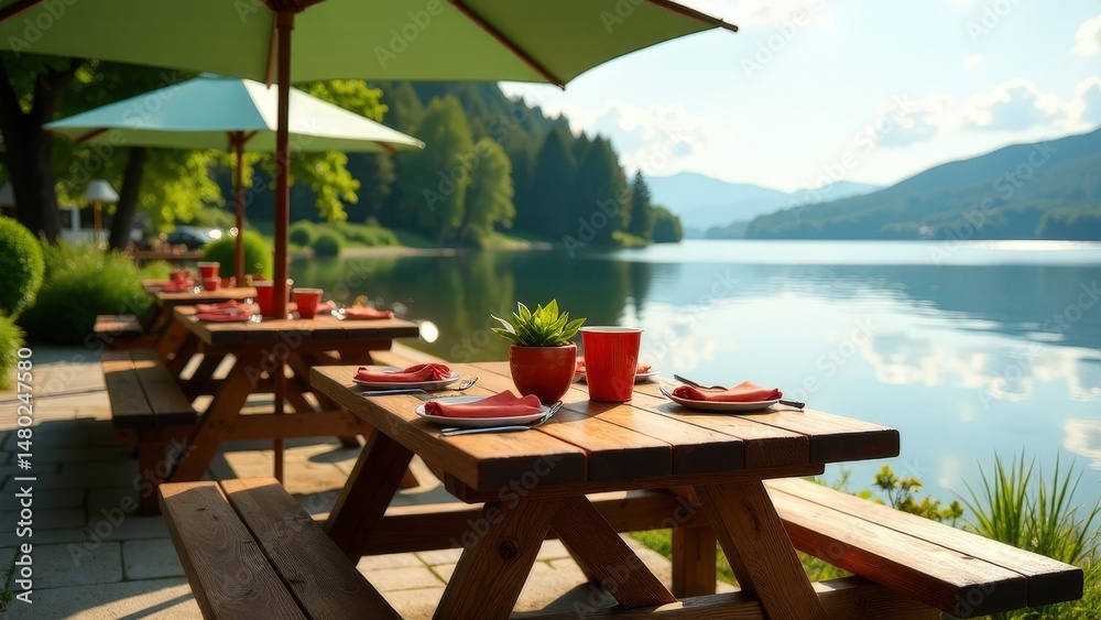 Obraz premium Scenic lakeside picnic area with wooden tables and green umbrellas.