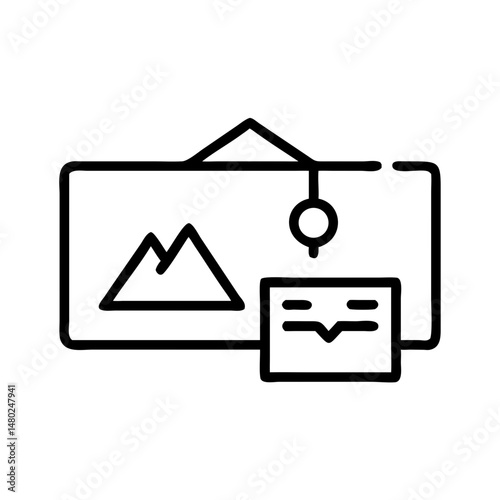 line icon of store display board with product tag and image, representing visual merchandising and in-store marketing, black and white minimal vector