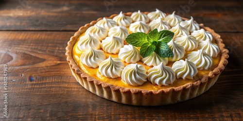 A Delectable Tart with Whipped Cream Topping and a Garnish of Fresh Mint, Presented on a Rustic Wooden Surface