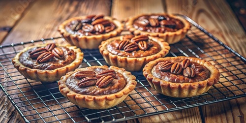 Freshly baked pecan pies on a cooling rack, showcasing a perfect golden crust and a glistening pecan filling.