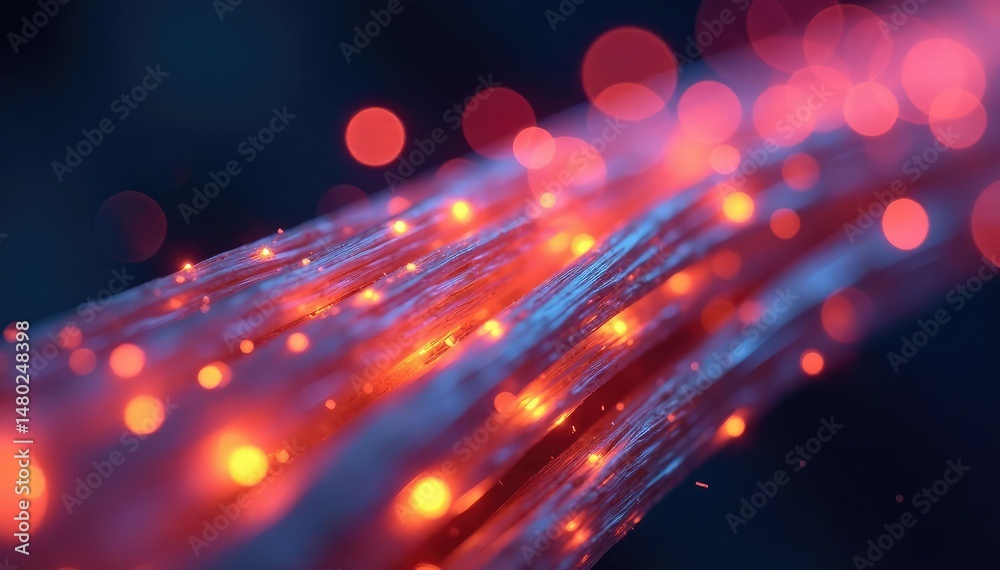 Obraz premium Macro shot of bundled optical fibers, illuminated , communication, densely packed