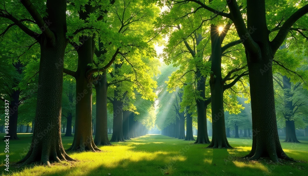 Naklejka premium Mature beech trees in dense stand, sunlight filtering through, canopy, leaves, environment