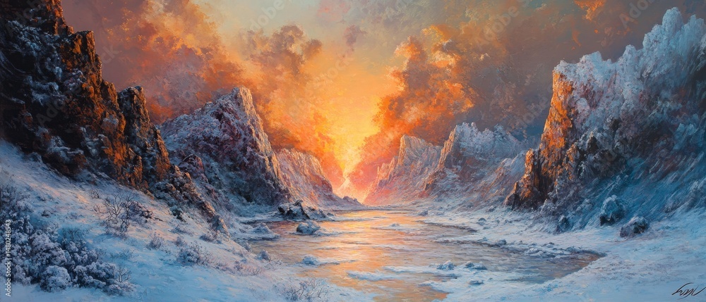 custom made wallpaper toronto digitalA painting of a snowy mountain range with a river in the foreground