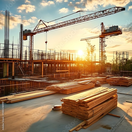 Construction site at sunset.  Large cranes and building materials are visible photo