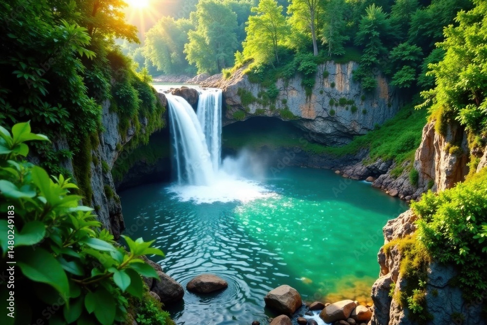 Fototapeta premium Sunlit waterfall plunges into emerald pool, surrounded by dense foliage , energy, remote, tranquil